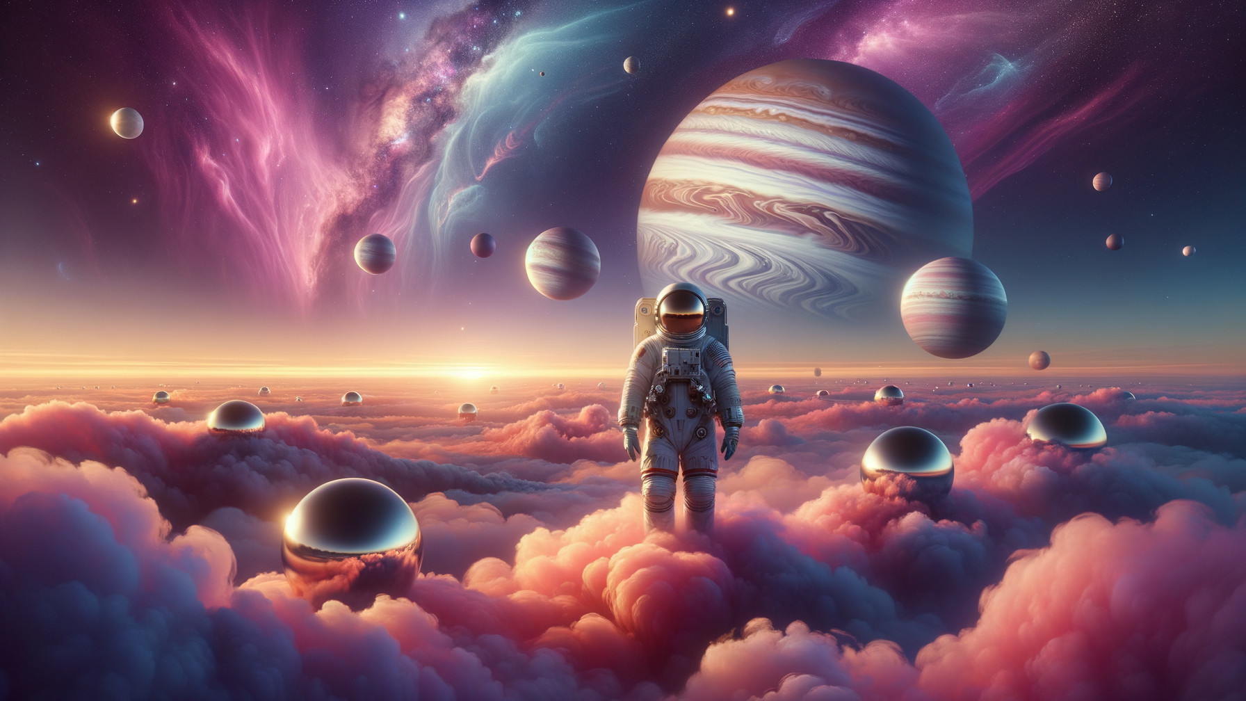 Astronaut on Pink Clouds in Cosmic Landscape