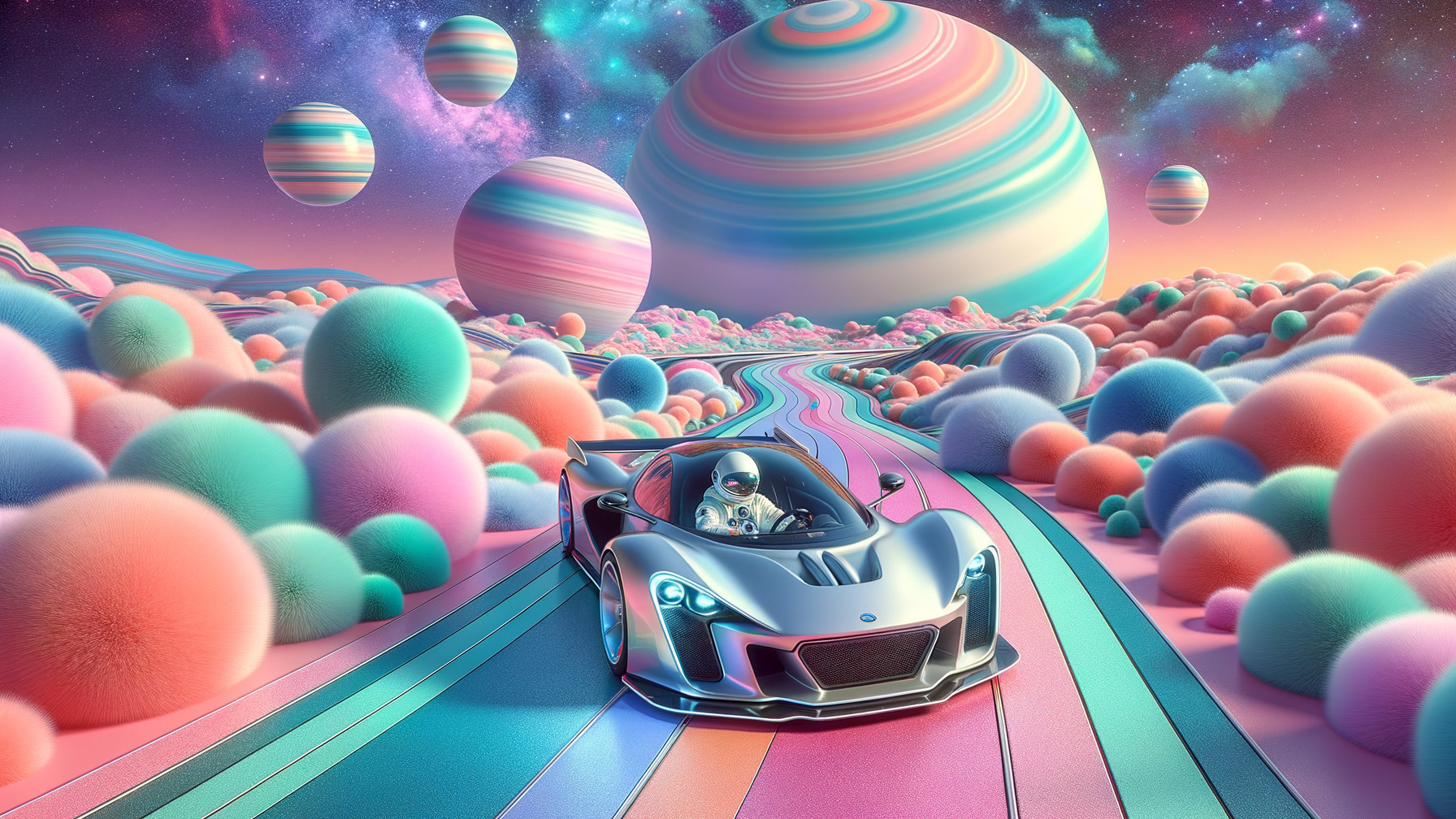 Futuristic scene with astronaut in silver sports car