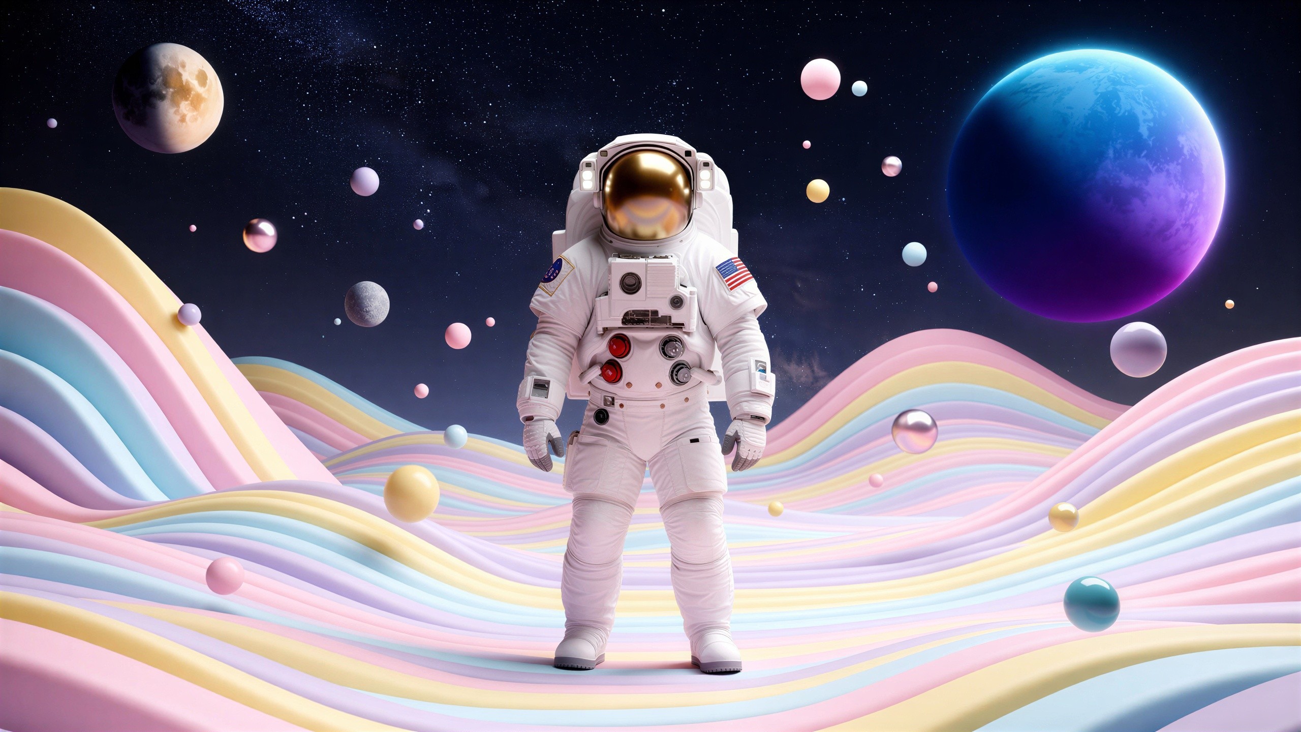 Astronaut on Rainbow Surface Surrounded by Celestial Bodies