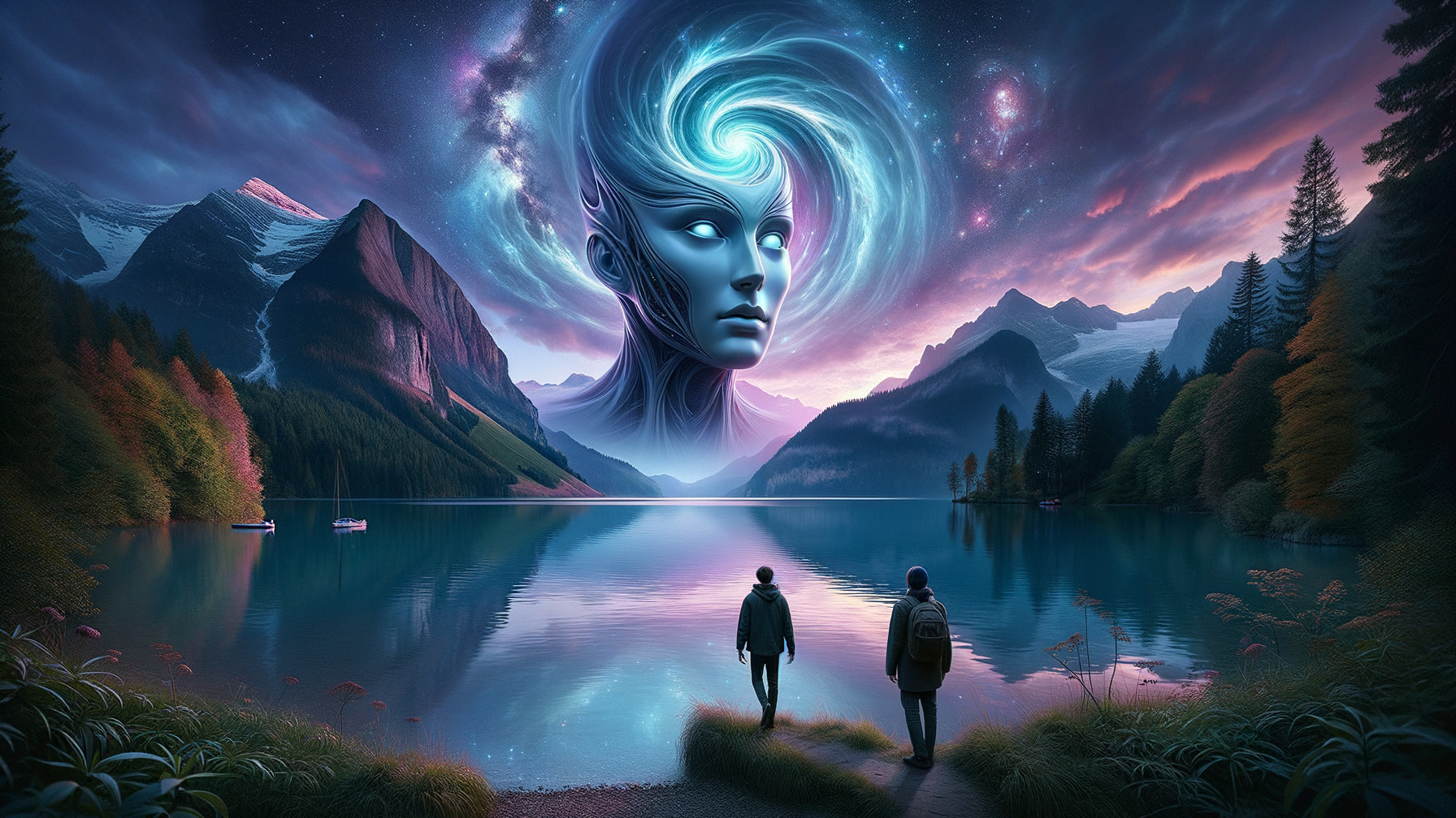 Tranquil Lake Scene with Cosmic Clouds and Mountains