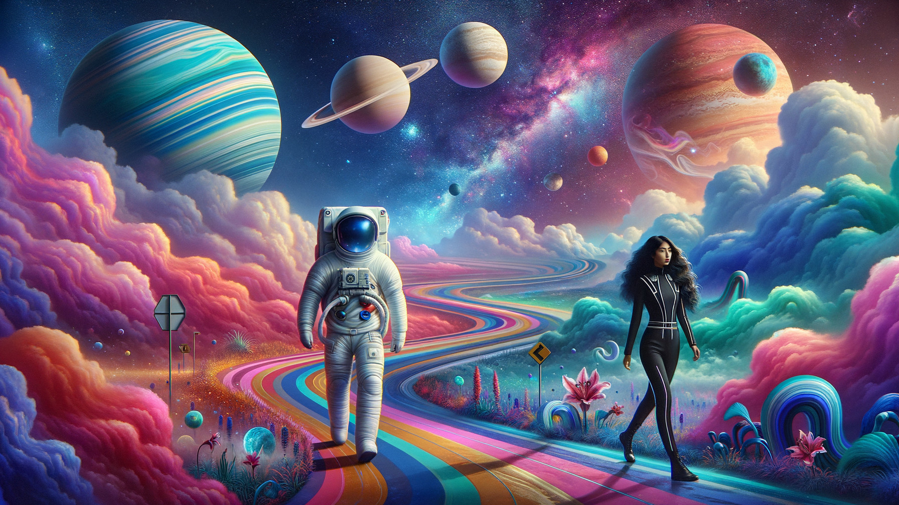 Surreal Landscape with Astronaut and Colorful Road