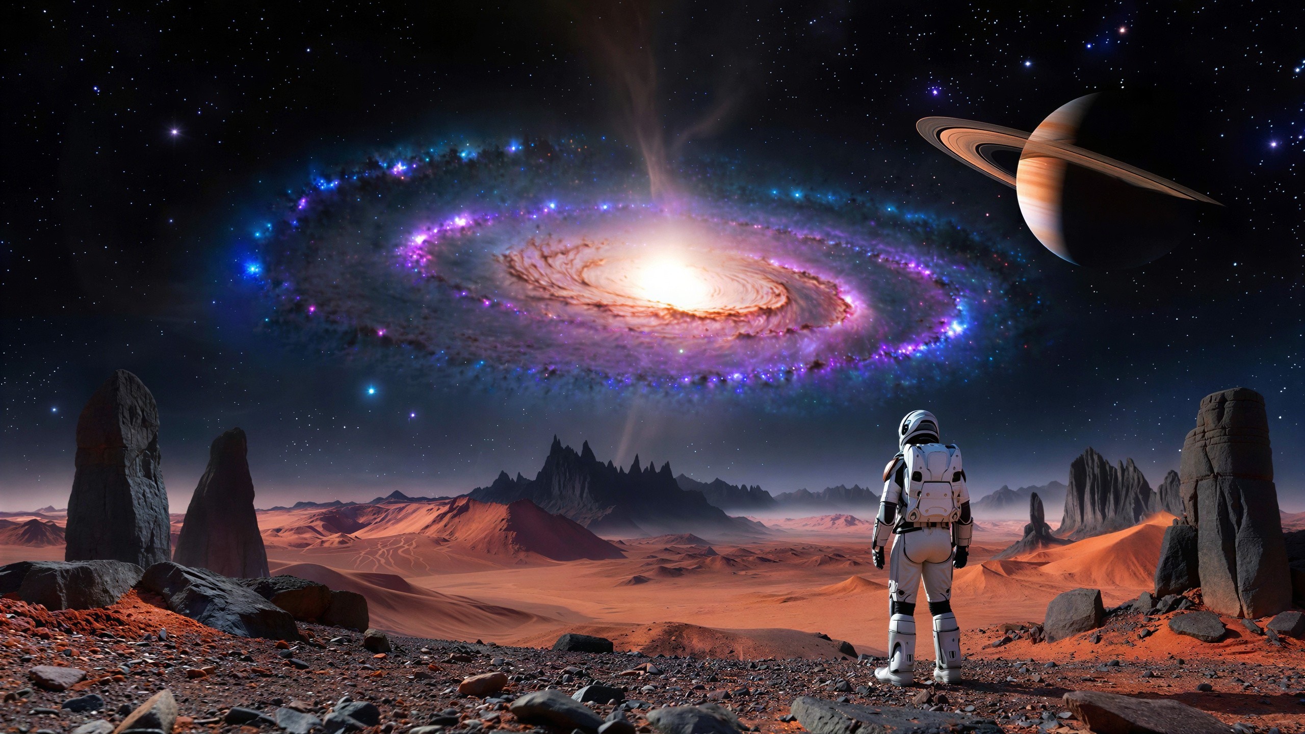 Astronaut in a Cosmic Martian Landscape with Galaxy