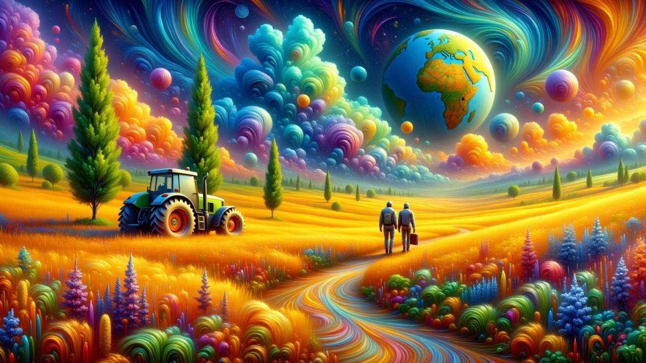 Vibrant Landscape with Tractor and Dreamlike Elements