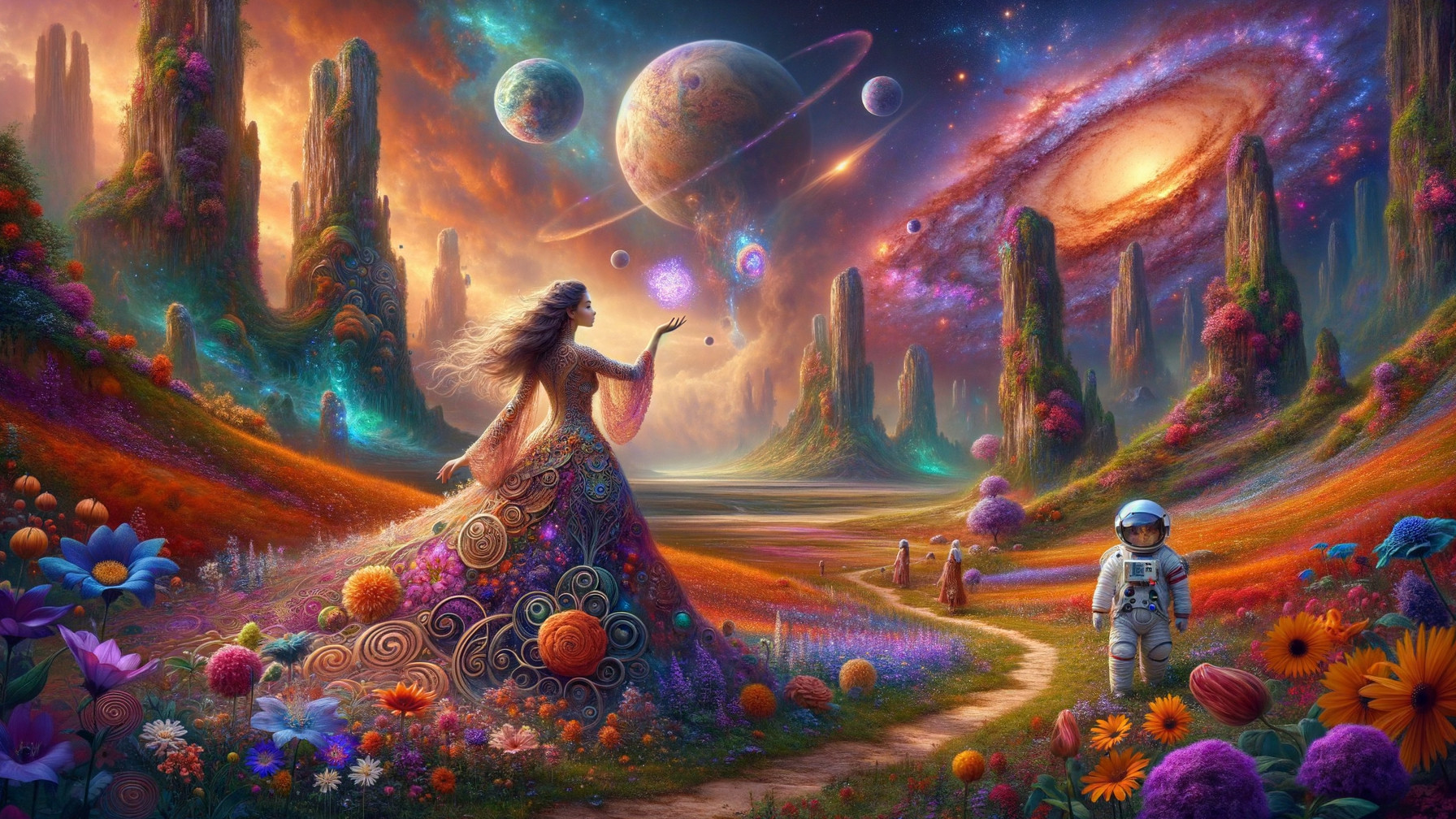 Vibrant Cosmic Landscape with Celestial Woman and Orbs