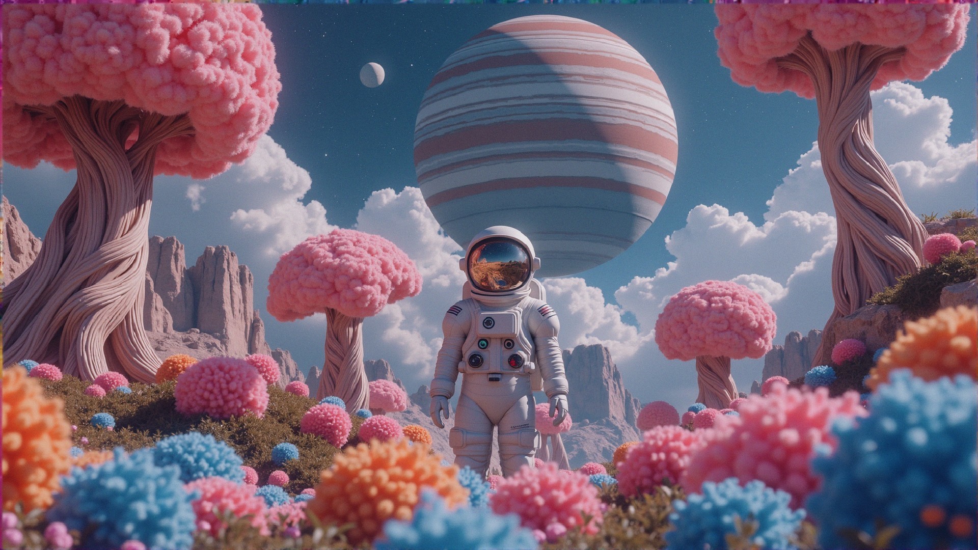 Astronaut in a vibrant, surreal landscape with orbs