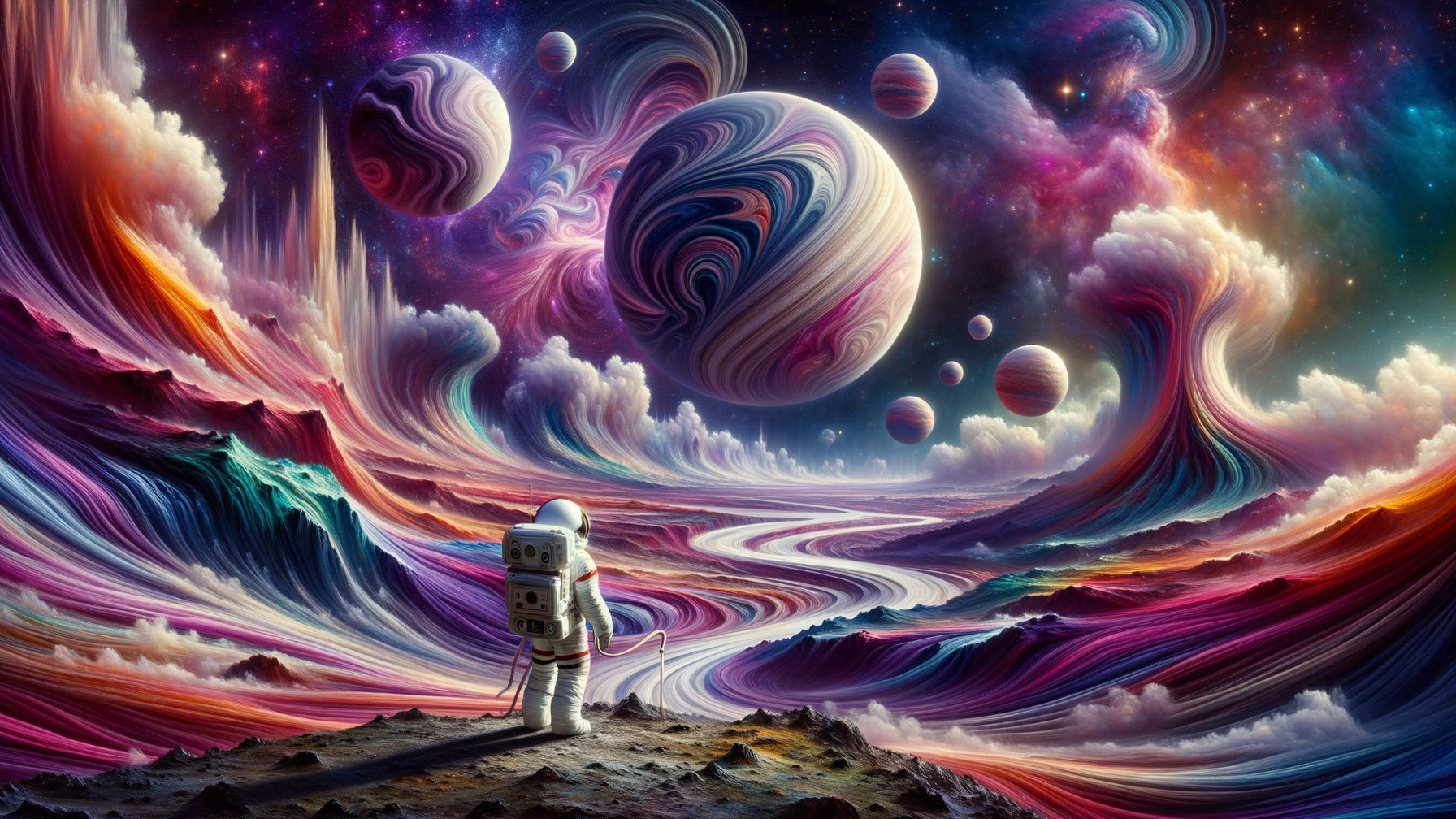 Astronaut on a Colorful, Surreal Cosmic Landscape