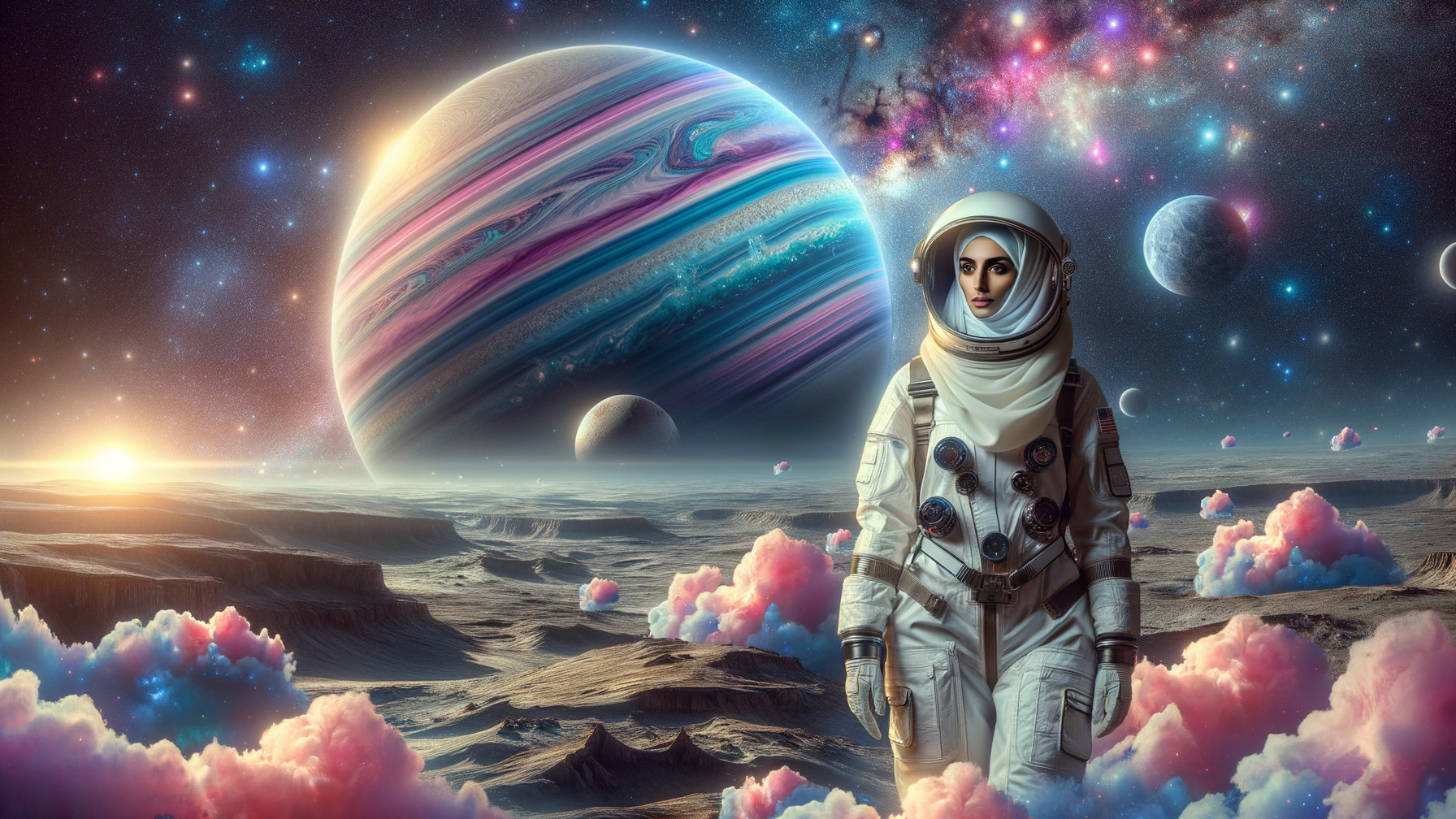 Futuristic Astronaut on Alien Landscape with Gas Giant