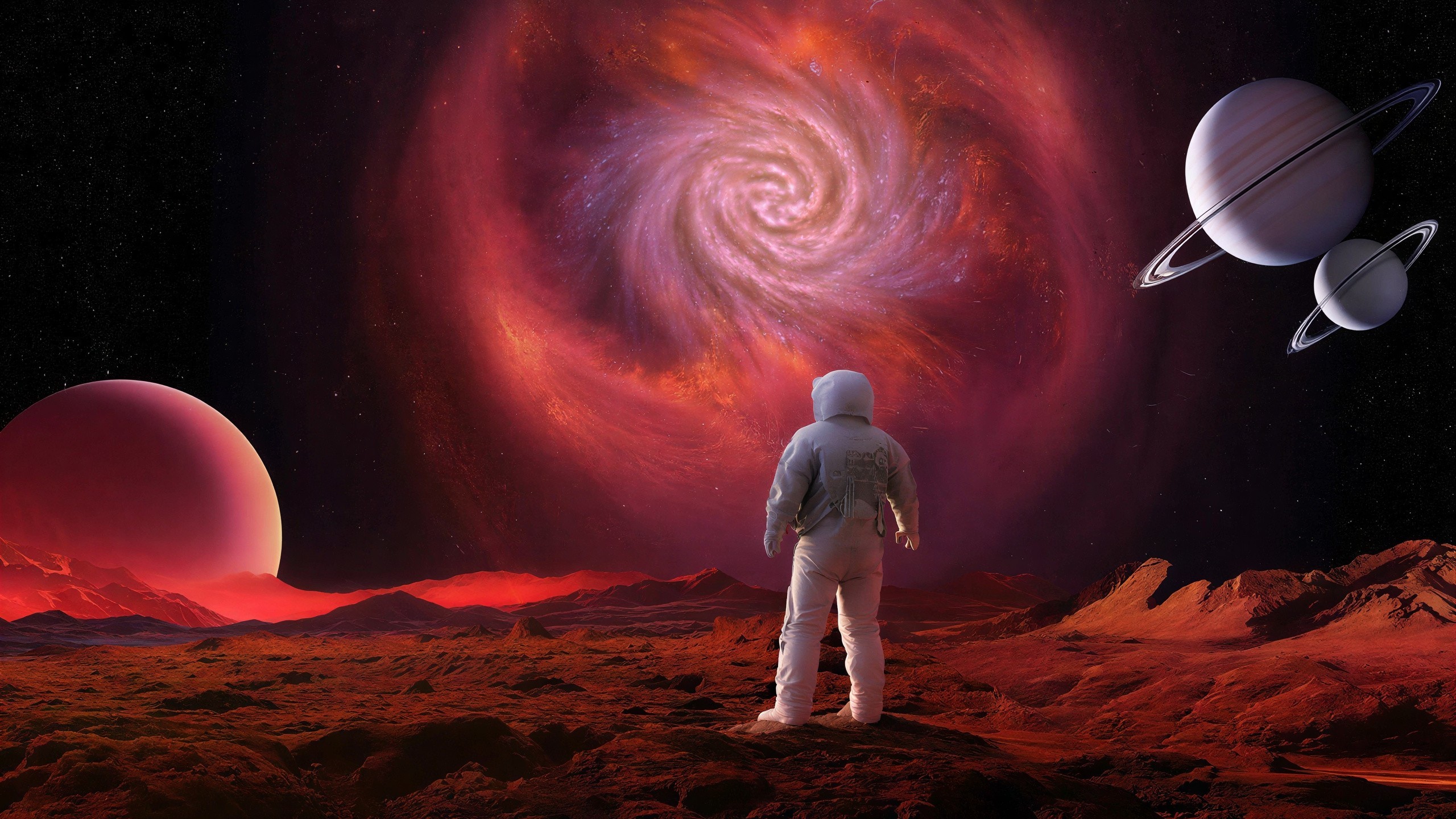Astronaut on Alien Landscape Under Nebula and Planets