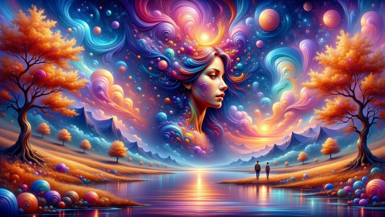 Surreal Landscape with Ethereal Female Face and Lake
