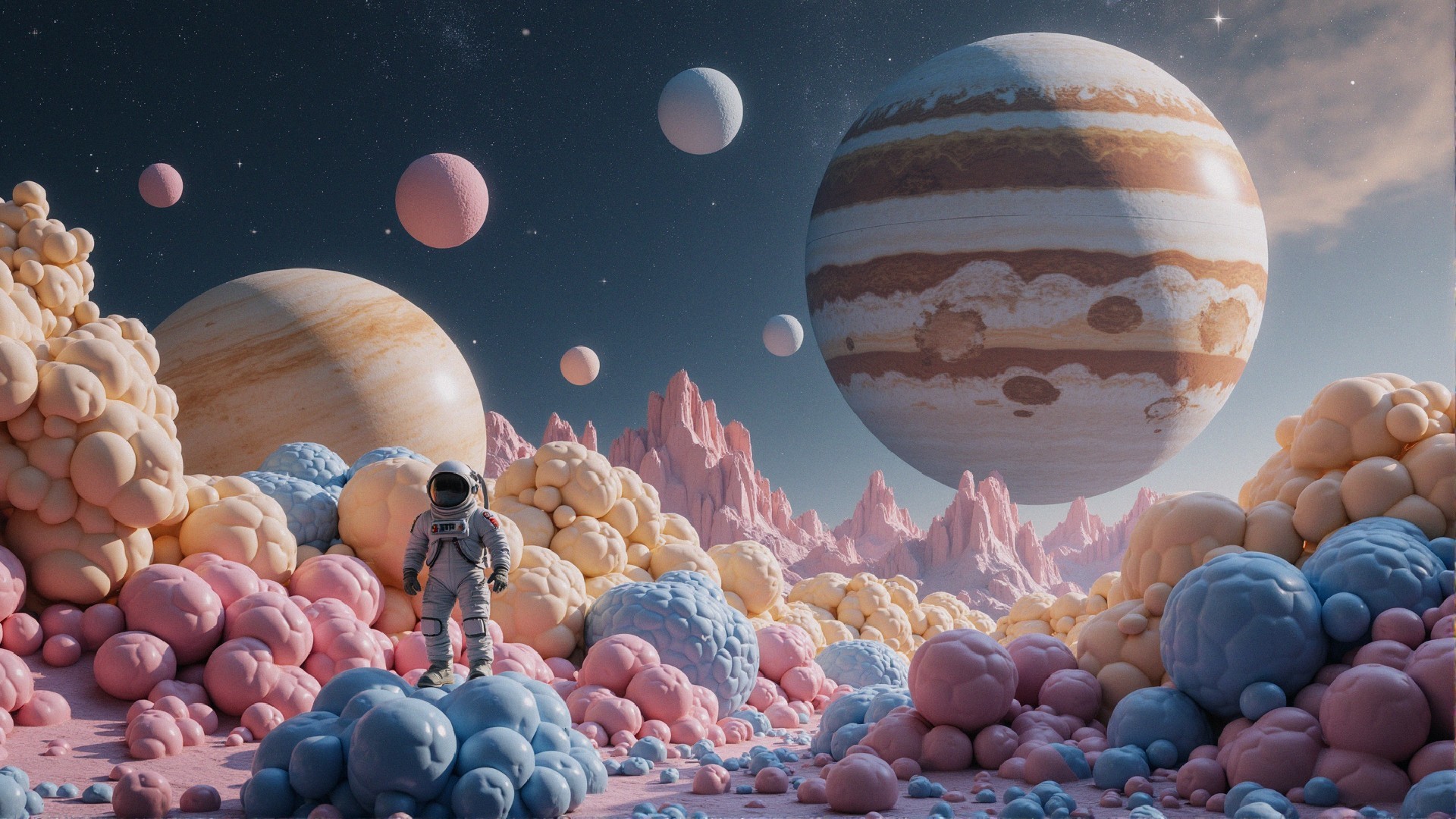Astronaut on a surreal landscape with gas giants and stars