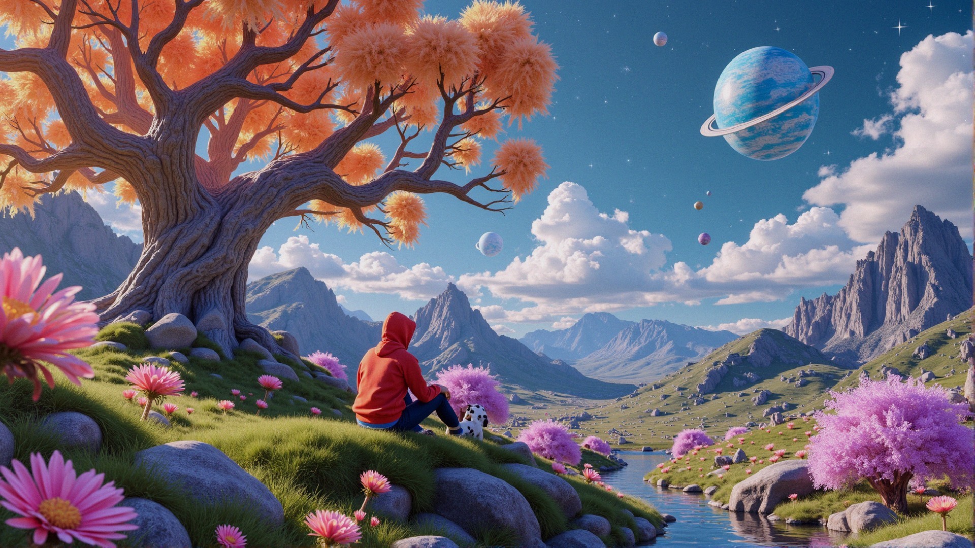 Dreamy Landscape with River and Colorful Planets