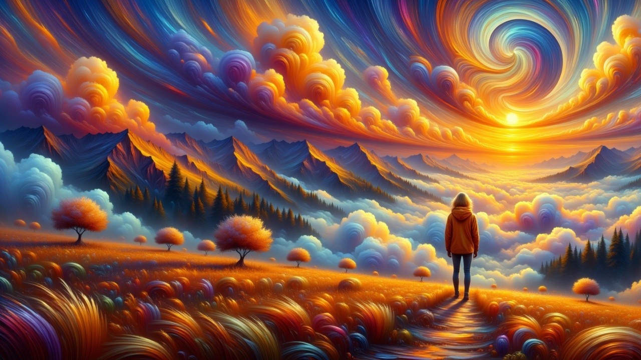 Vibrant Sunset Landscape with Rolling Mountains and Trees