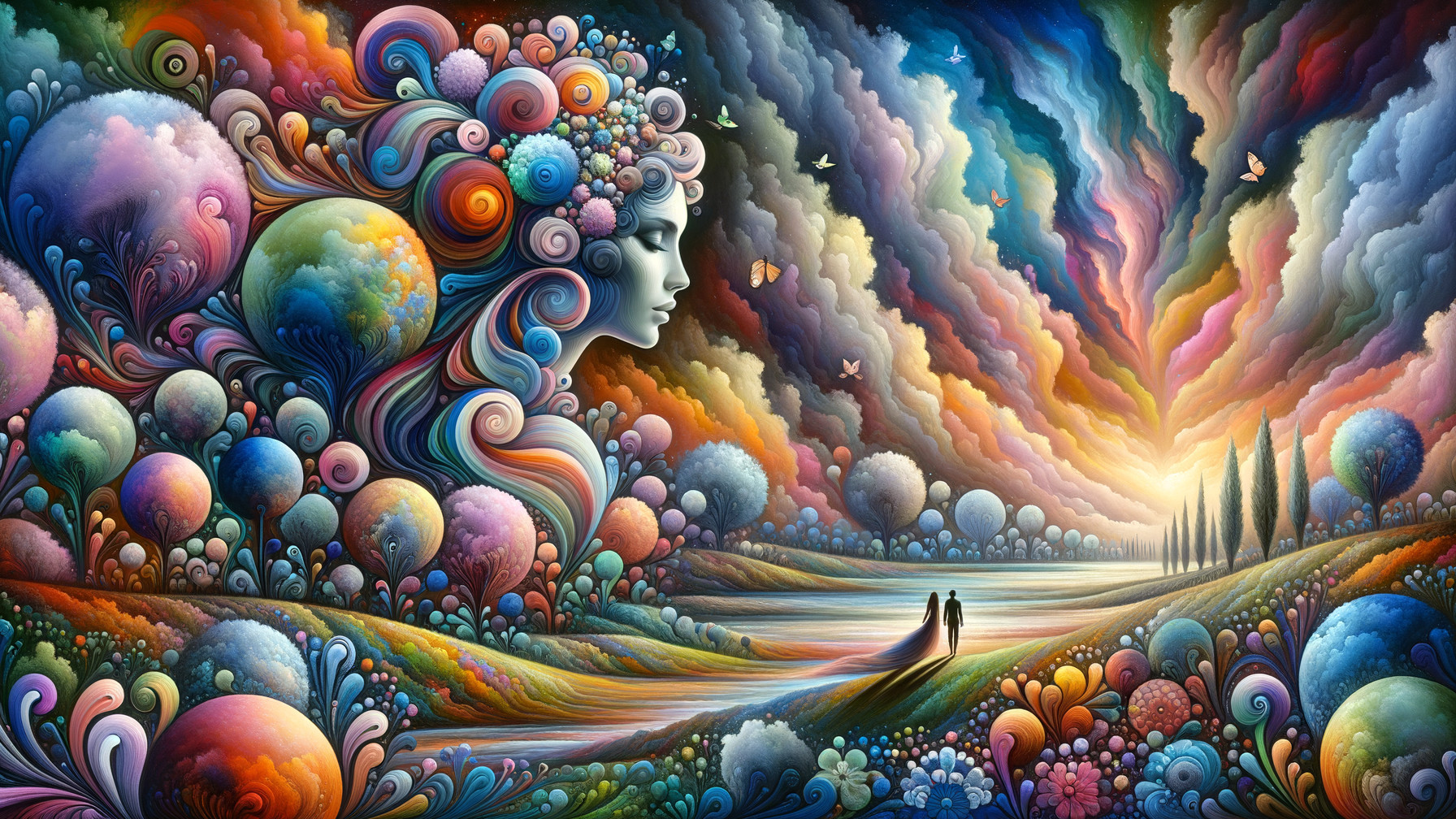 Surreal Landscape with Colorful Woman's Face and Orbs