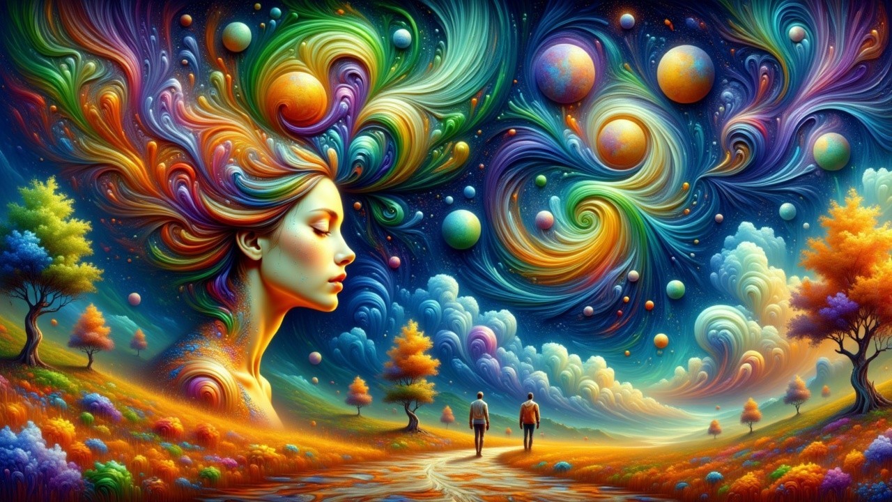 Surreal Landscape with Cosmic Elements and Figures