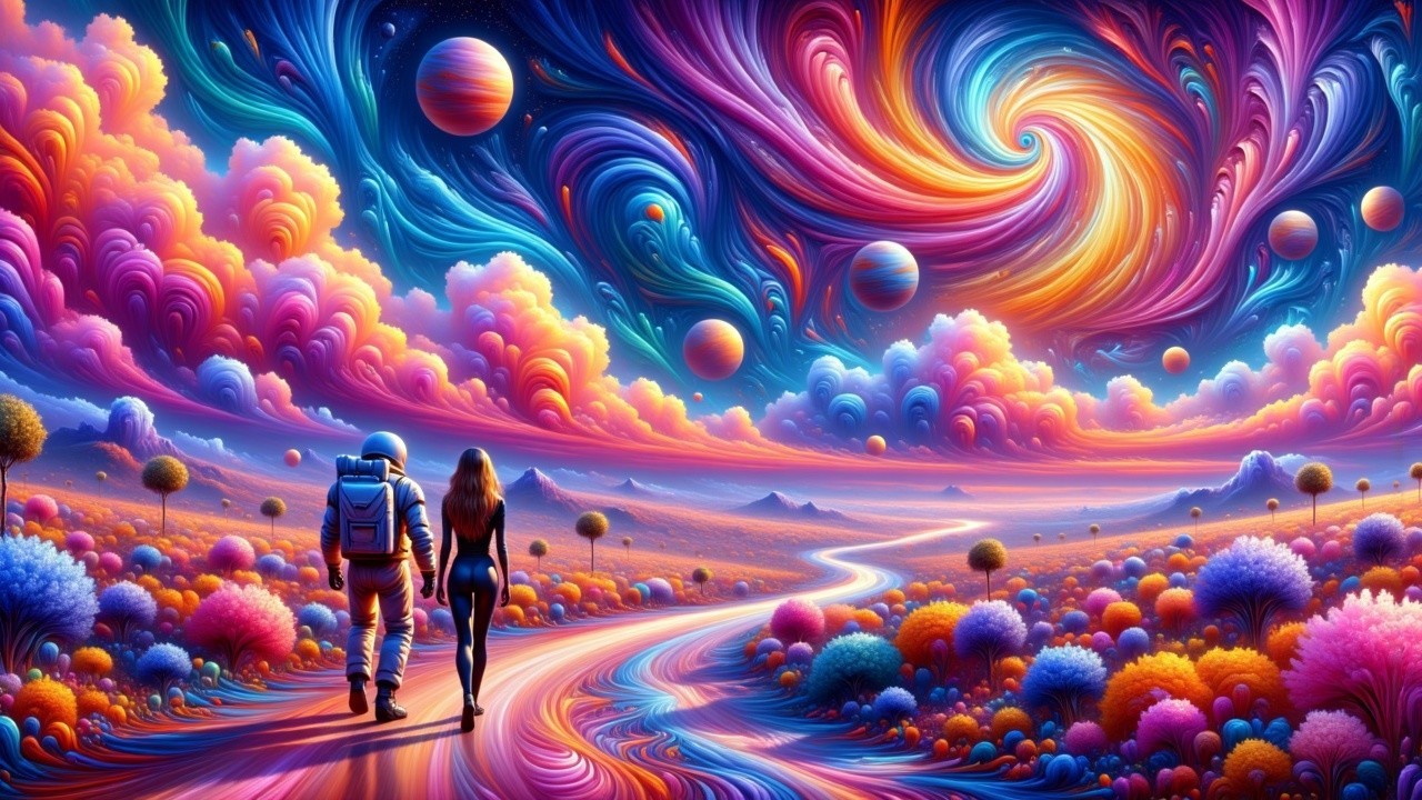 Vibrant Dreamlike Landscape with Cosmic Elements