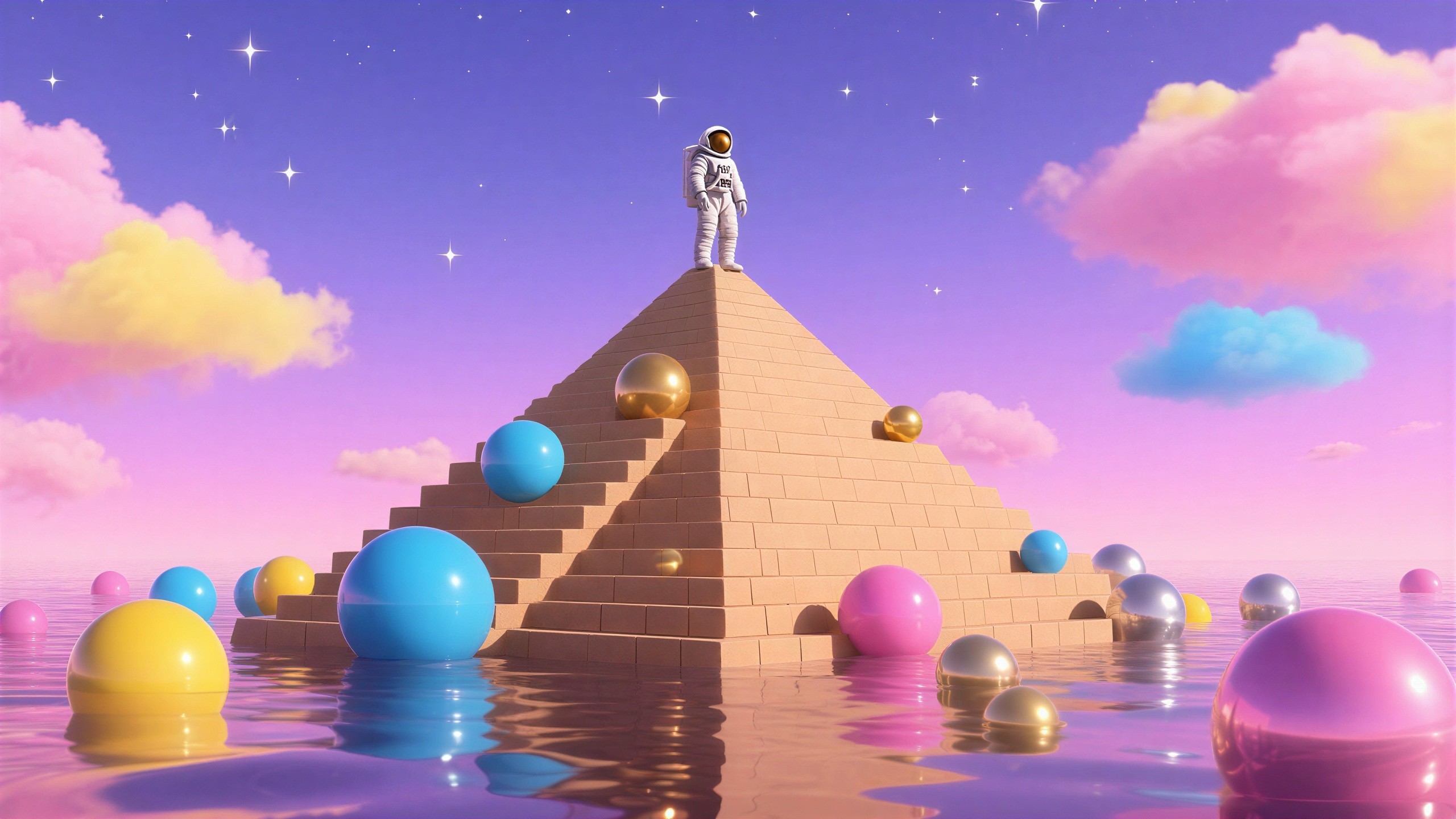 Astronaut on Pyramid Surrounded by Colorful Spheres