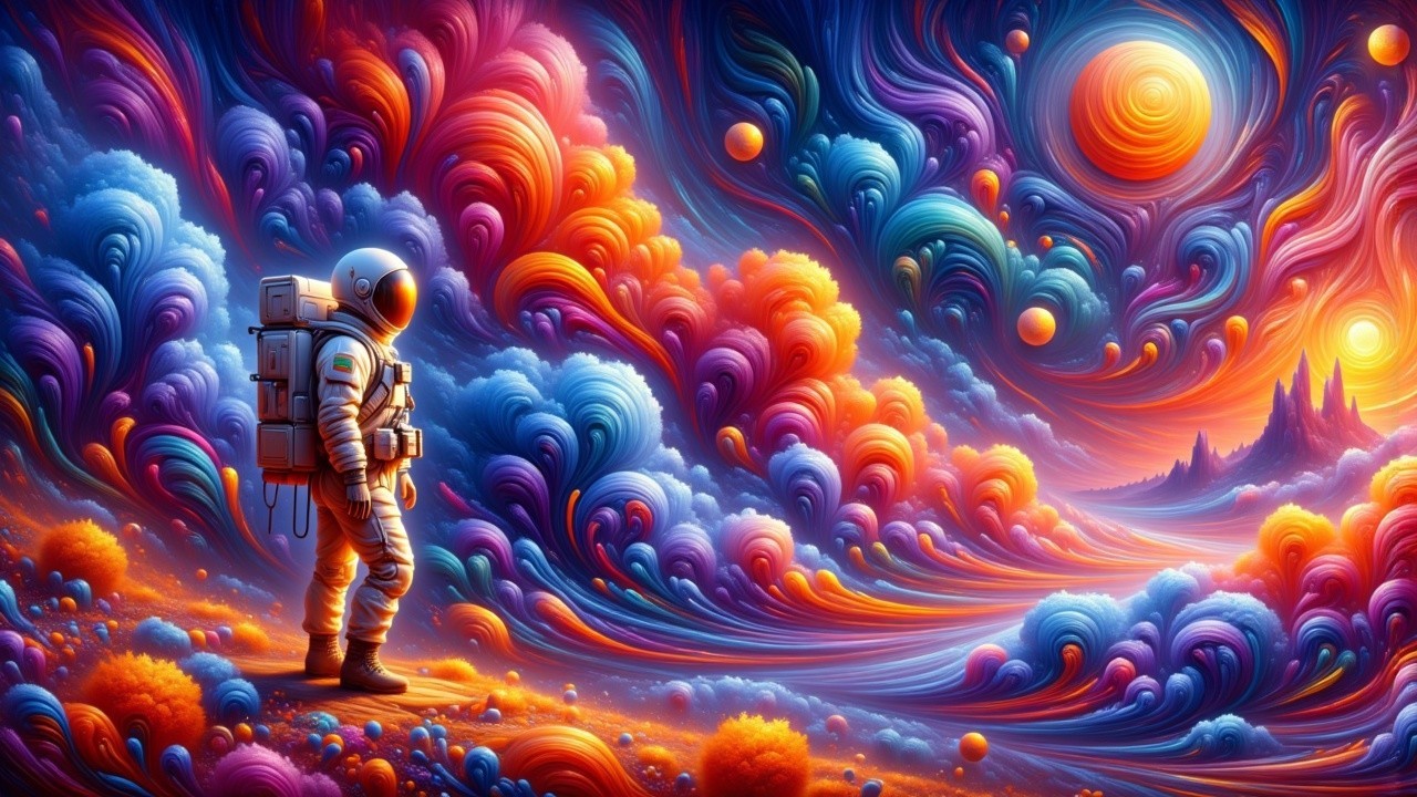 Astronaut in a Colorful, Abstract Cosmic Landscape