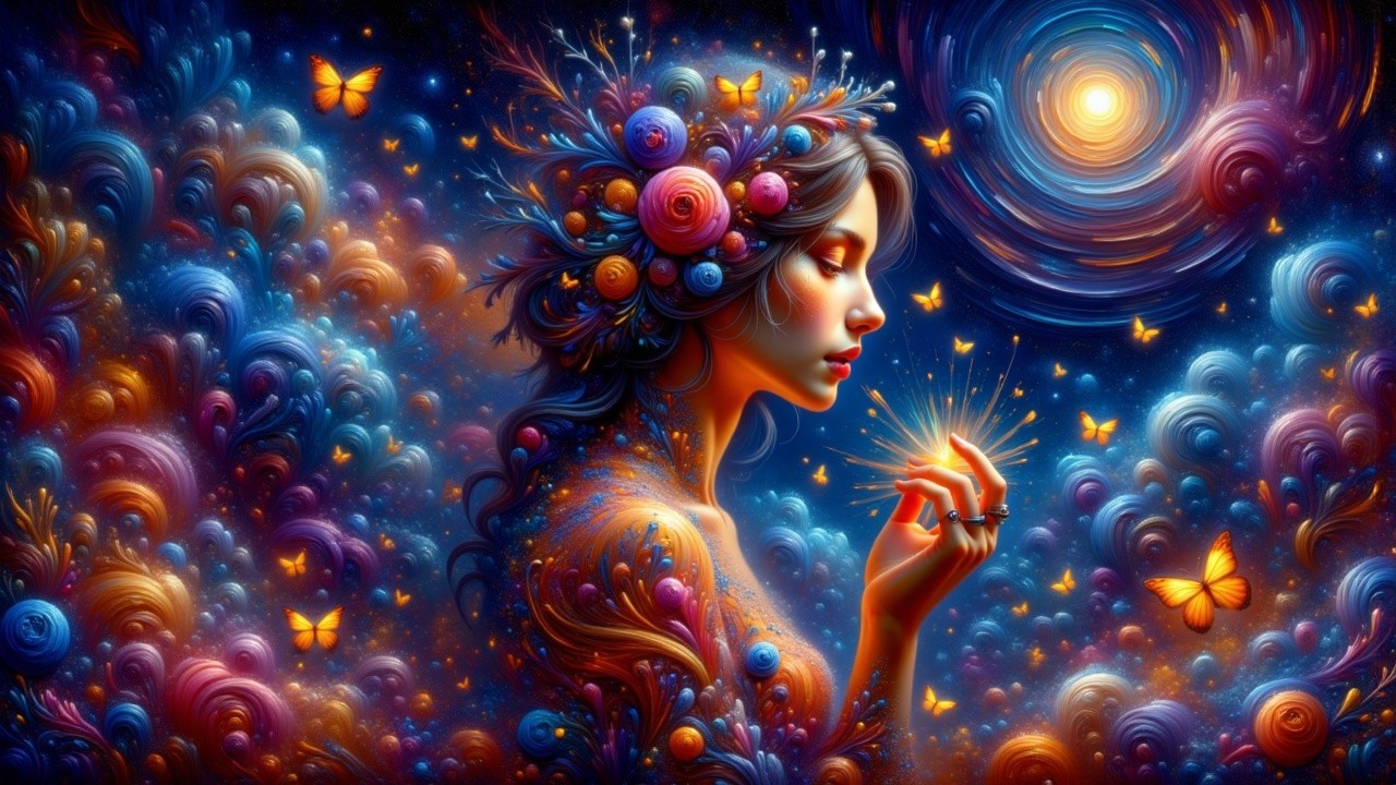 Mystical figure surrounded by flowers and butterflies
