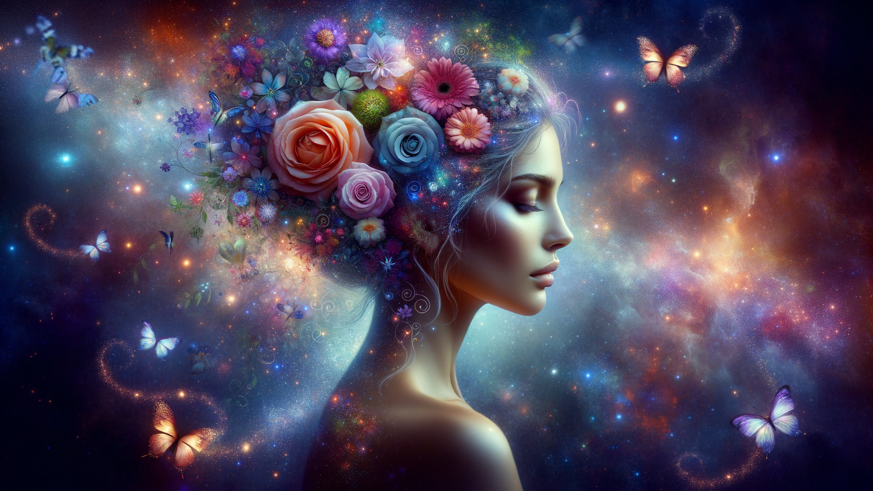Profile of a Serene Woman with Floral Hair and Cosmos