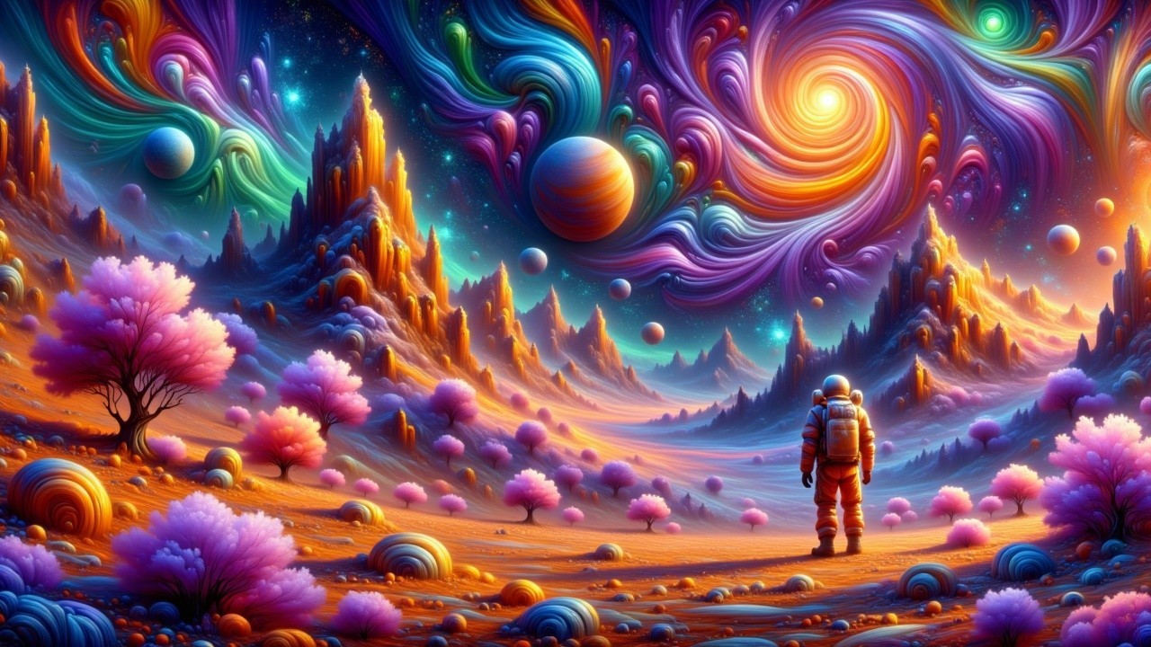 Vibrant Cosmic Landscape with Swirling Galaxies and Mountains