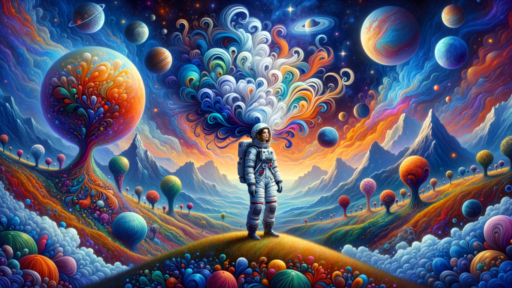 Surreal Landscape with Astronaut and Cosmic Elements