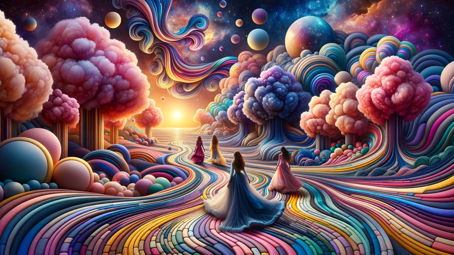 Surreal Landscape with Colorful Trees and Figures