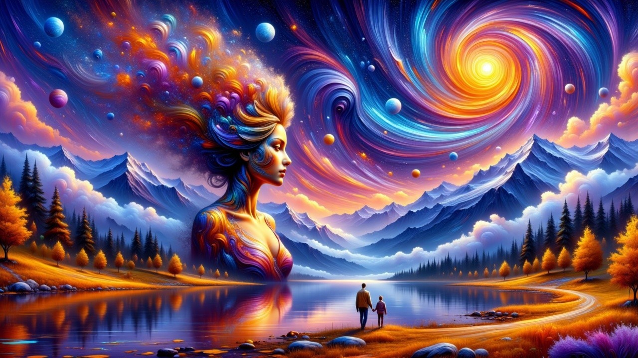 Surreal Landscape with Cosmic Woman's Face and Lake
