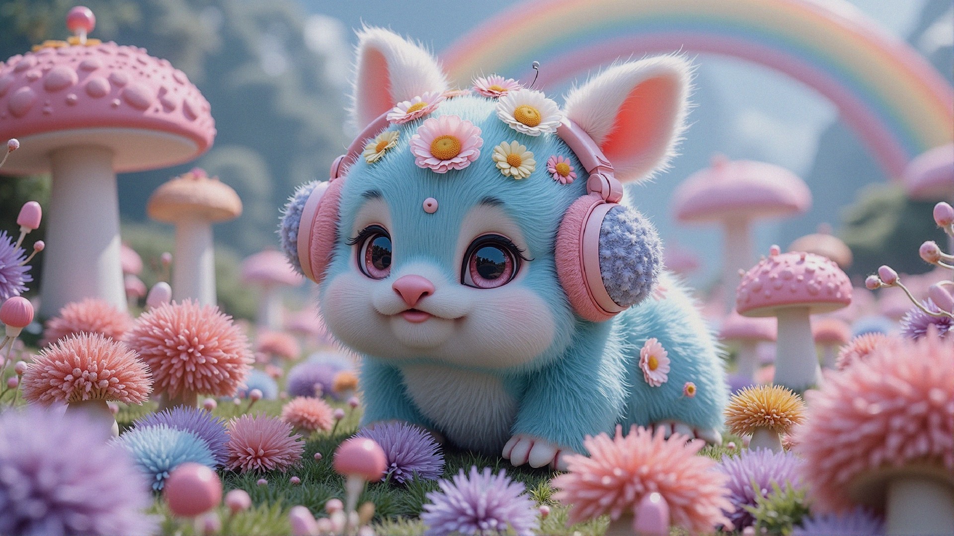 Whimsical Landscape with Colorful Creatures and Flowers