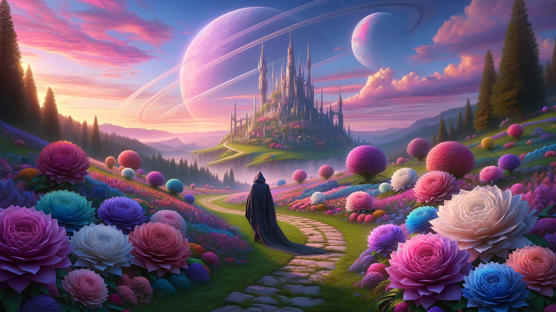 Mystical landscape with vibrant flowers and a castle