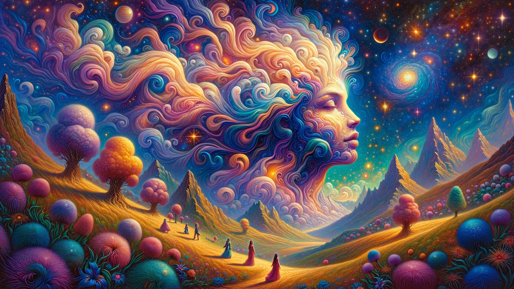 Surreal Landscape with Giant Colorful Face and Stars