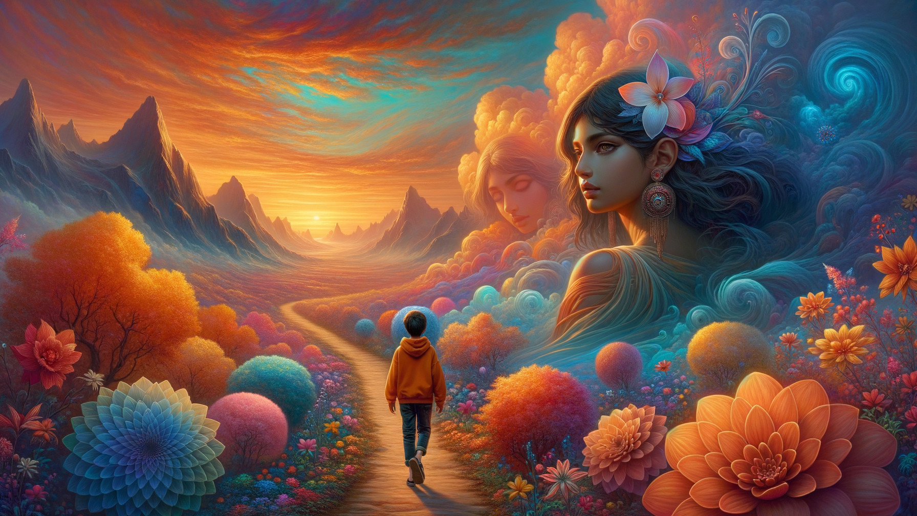 Vibrant Sunset Landscape with Whimsical Elements