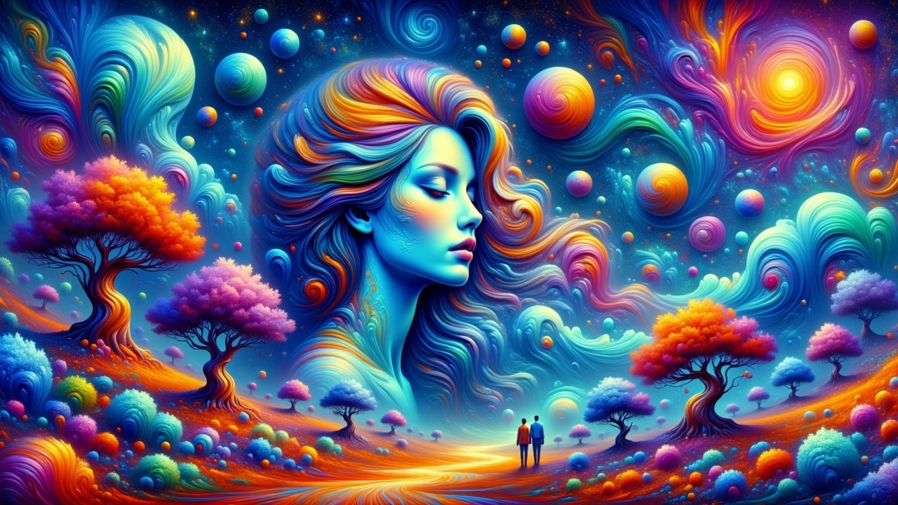 Surreal Landscape with Cosmic Elements and Figures