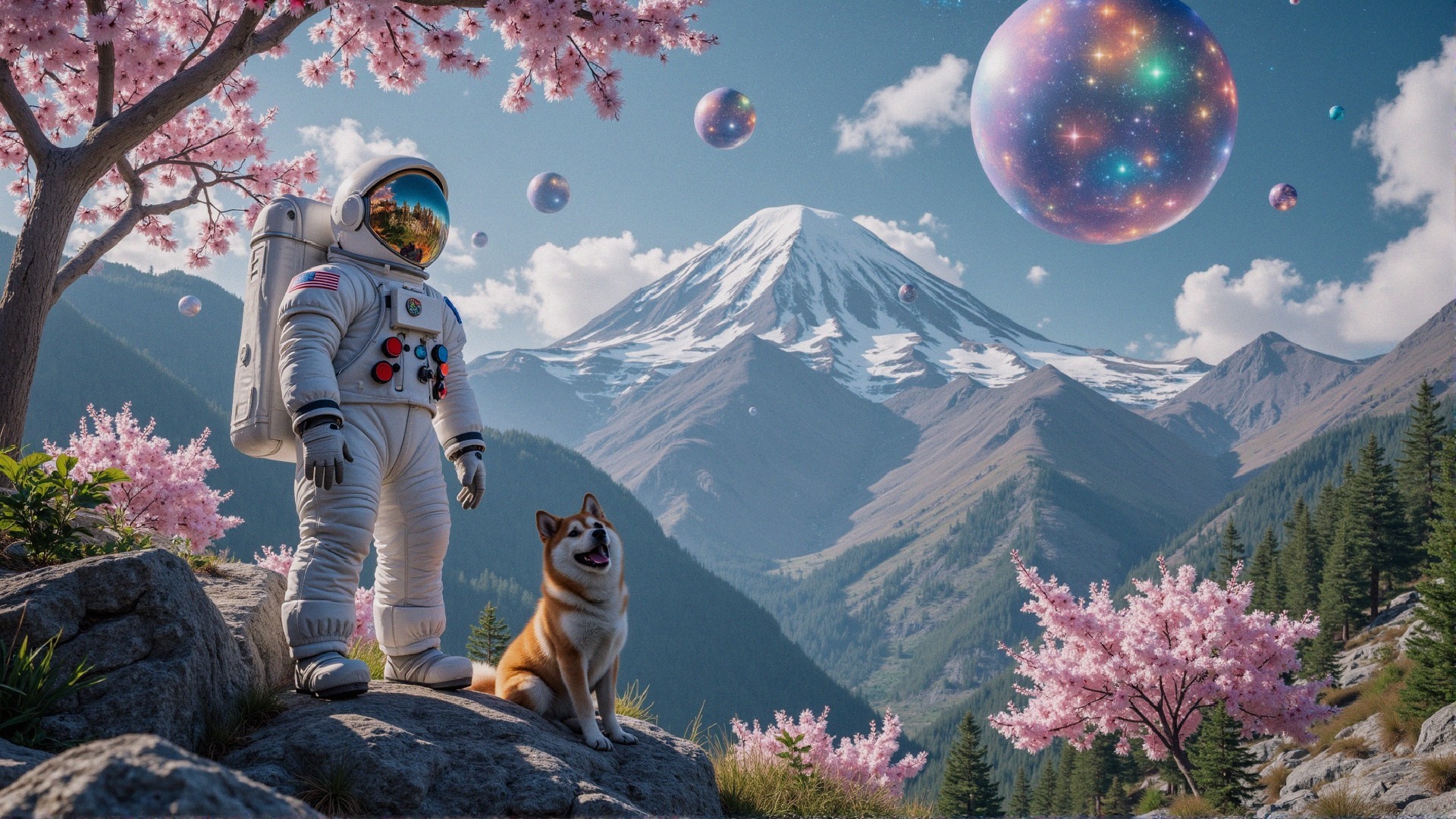 Astronaut and Shiba Inu in a surreal cherry blossom scene