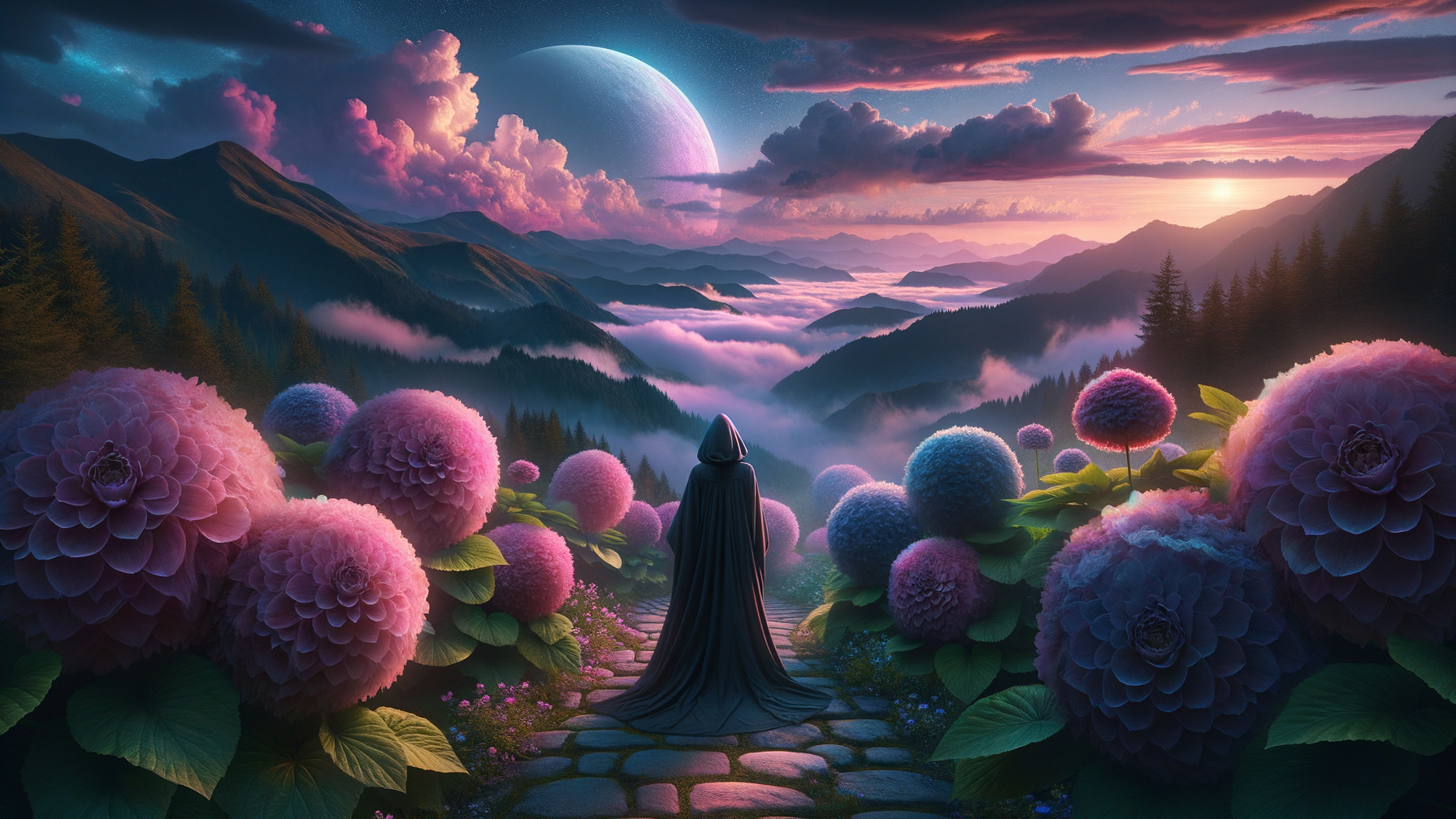 Hooded Figure on Cobblestone Path with Vibrant Flowers