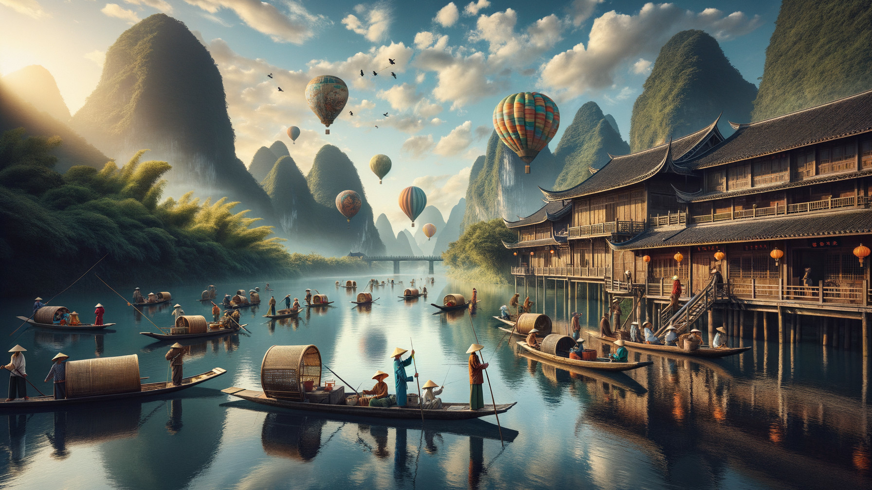 Serene Riverside Scene with Boats and Hot Air Balloons