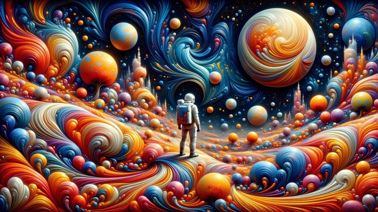 Astronaut in a Colorful Cosmic Landscape with Stars