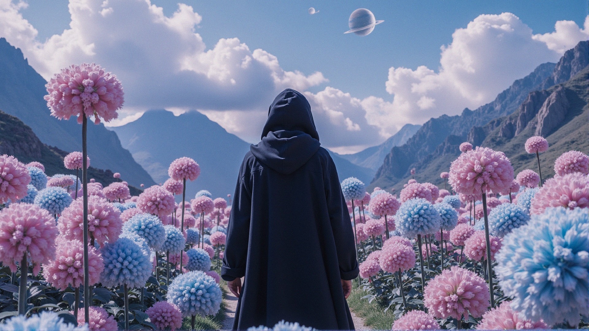 Celestial Landscape with Hooded Figure and Vibrant Flora
