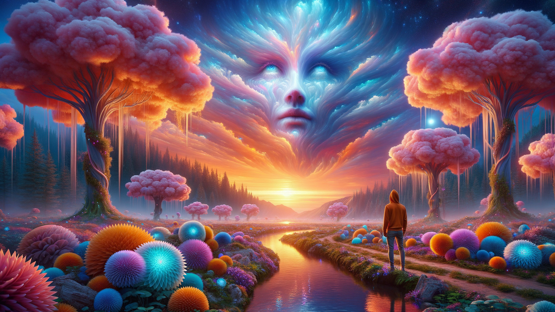 Surreal landscape with pink trees and ethereal face
