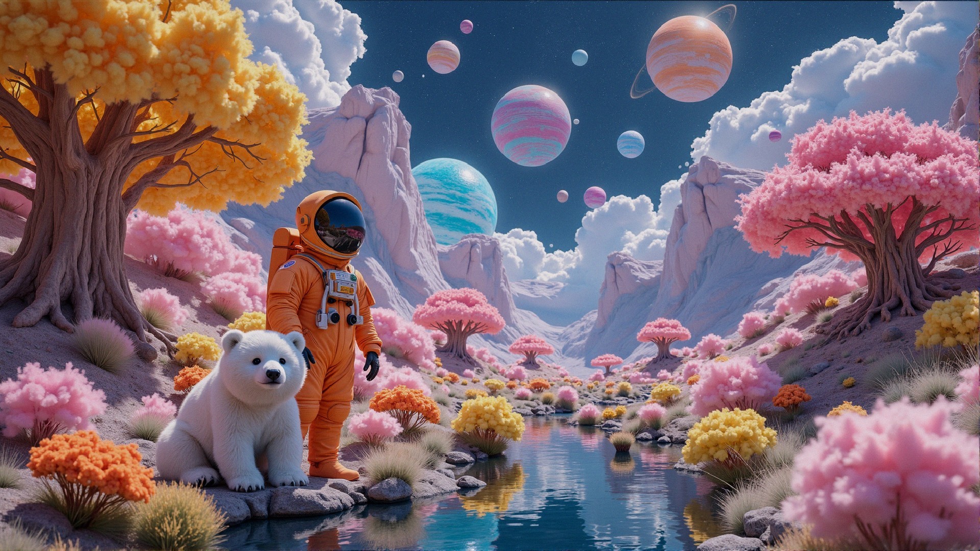 Astronaut and Polar Bear in Vibrant Alien Landscape