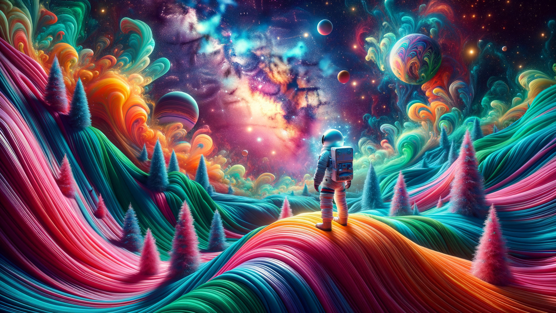 Astronaut in a Surreal Colorful Cosmic Landscape