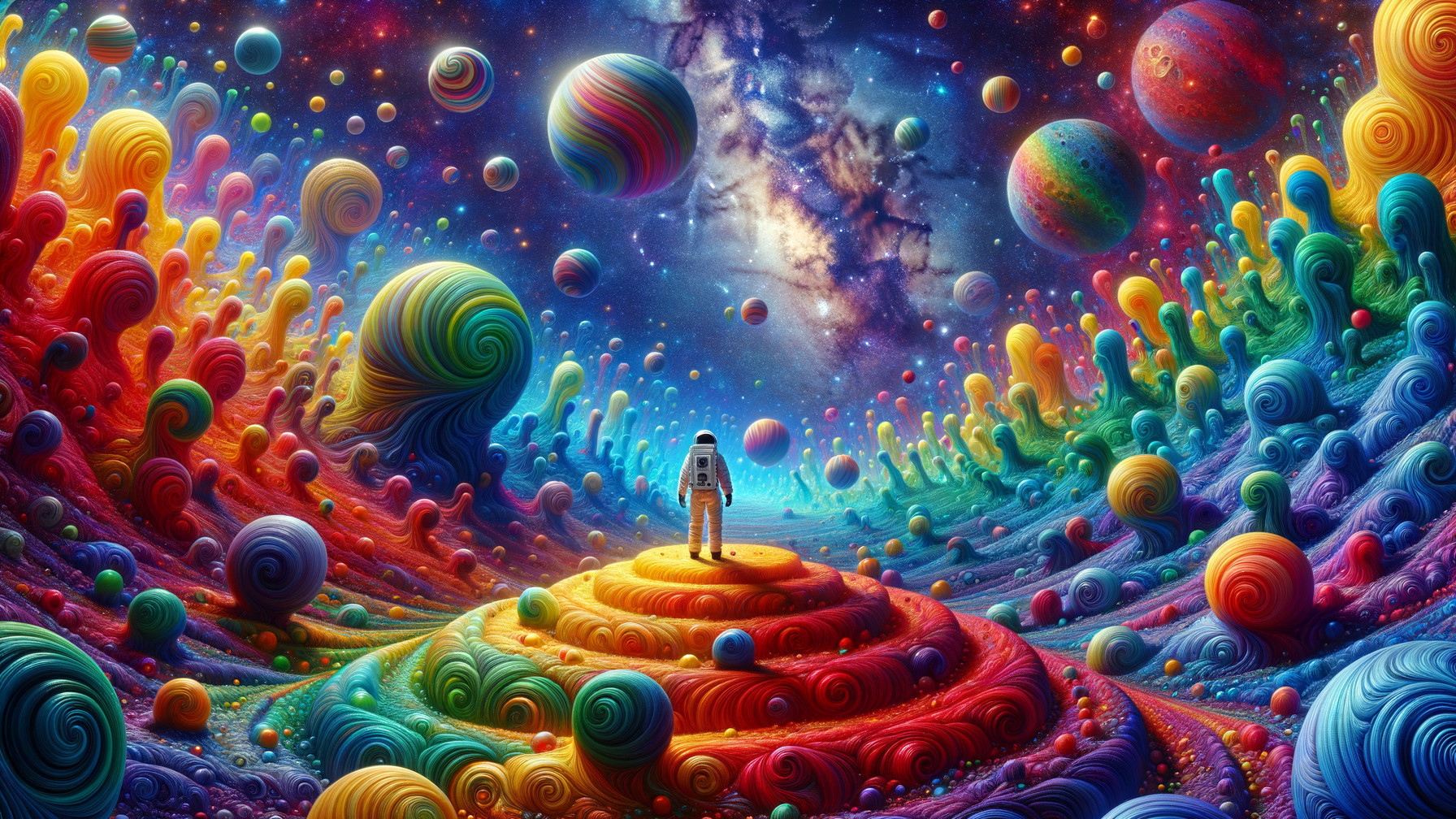 Vibrant Cosmic Landscape with Astronaut and Planets