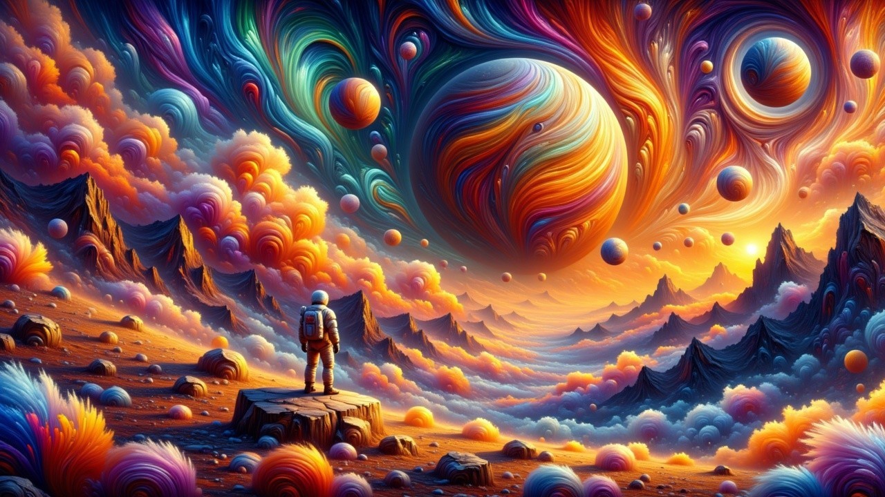Astronaut Observing Colorful Cosmic Landscape