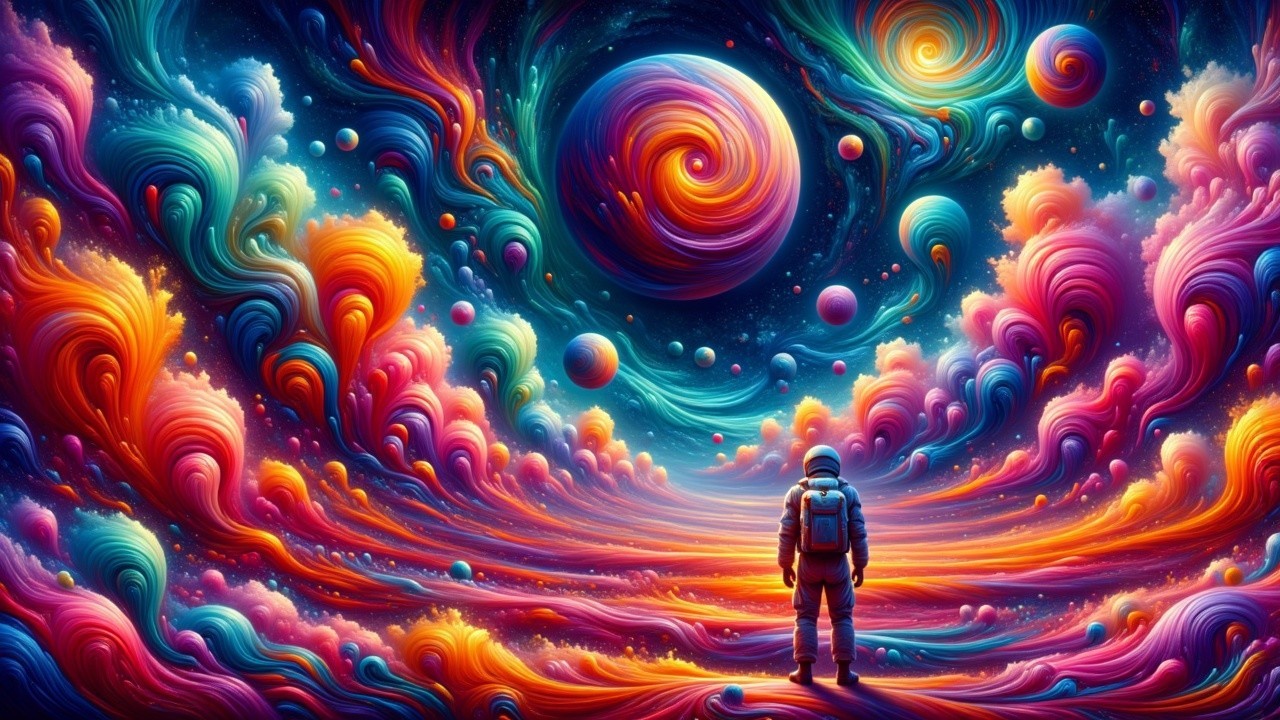 Vibrant Cosmic Scene with Astronaut and Celestial Bodies