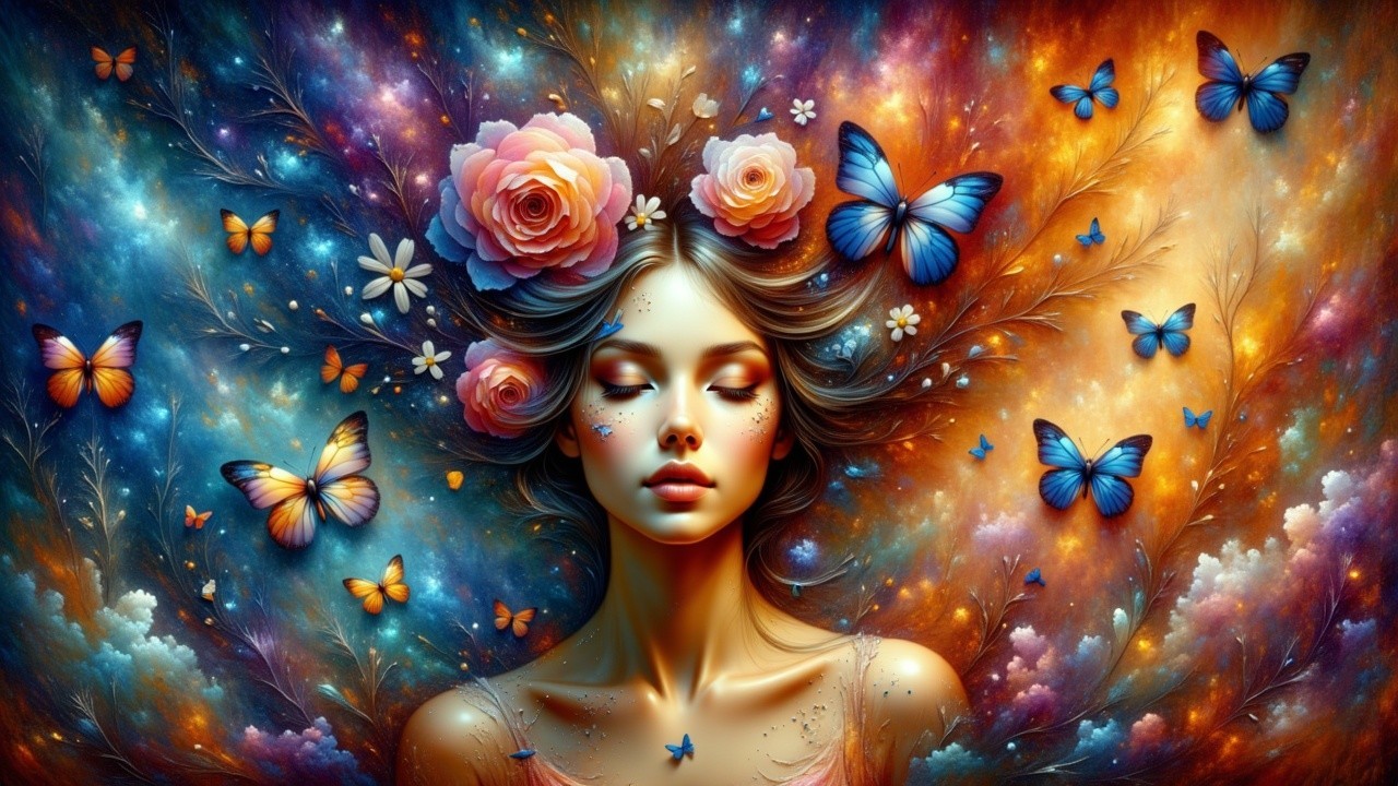 Serene Woman Surrounded by Flowers and Butterflies