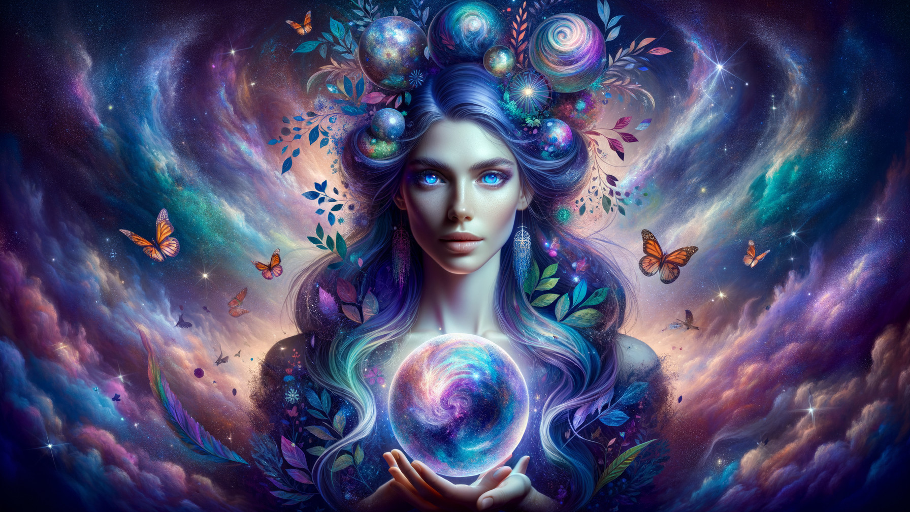 Whimsical Woman with Blue Hair and Cosmic Background