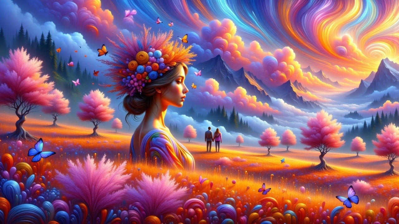 Serene Woman in Colorful Dreamscape with Nature Elements