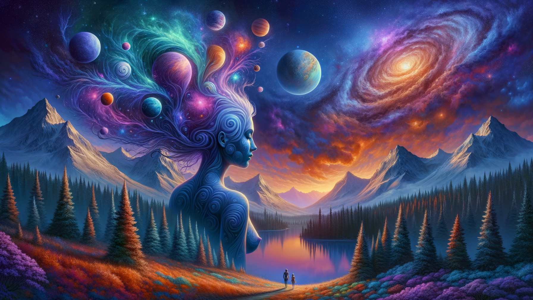 Surreal Landscape with Ethereal Woman and Cosmic Elements