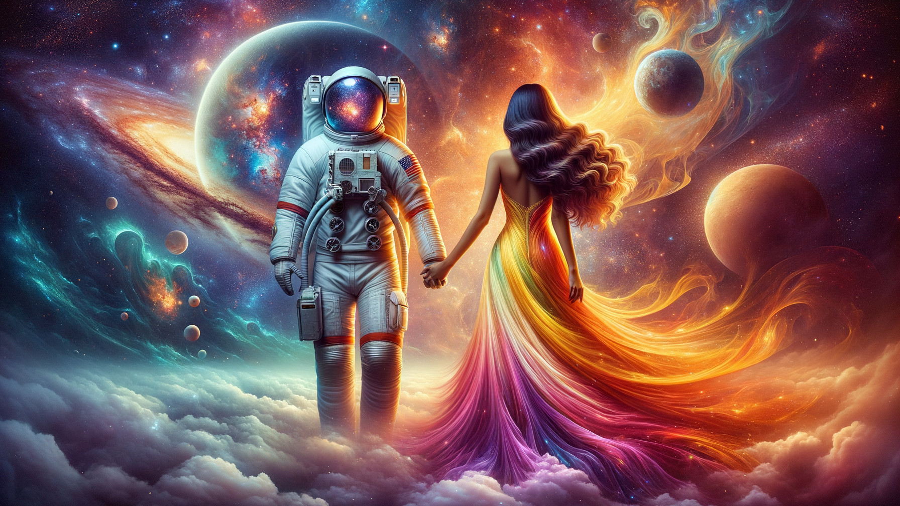 Astronaut and Woman in Cosmic Dreamlike Scene