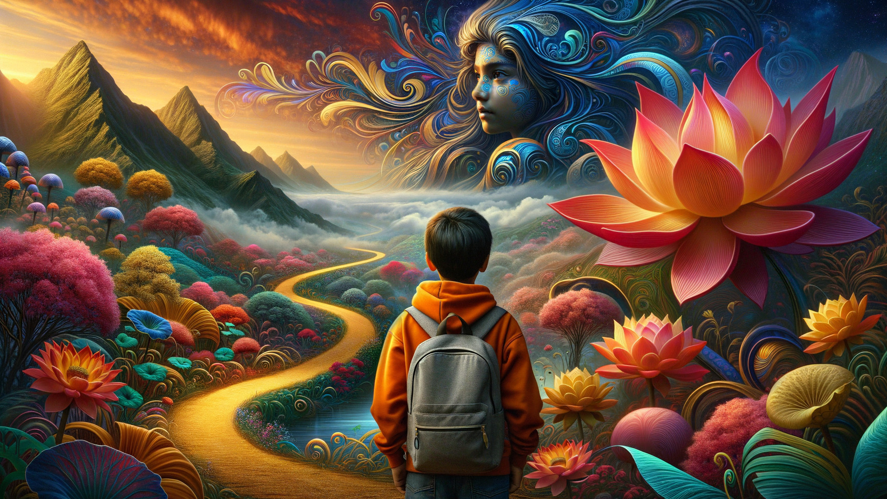 Young boy in surreal landscape with vibrant colors