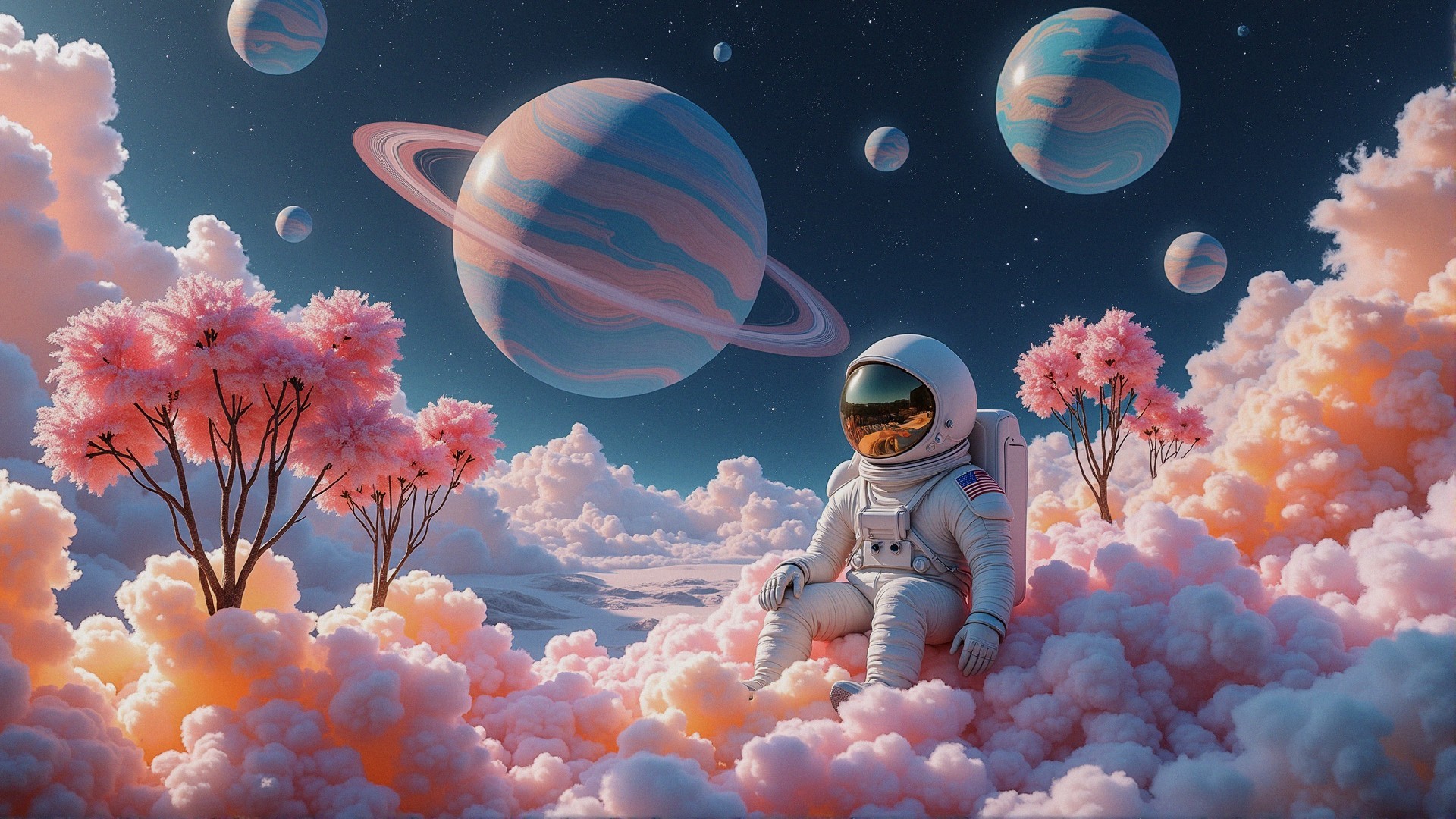 Astronaut in Dreamlike Landscape with Cherry Blossoms